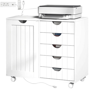 Mobile Lateral Filing Cabinet with 5 Drawers, Printer Stand with Power Outlets and USB Ports for Home Office, White