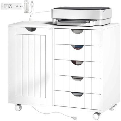 Mobile Lateral Filing Cabinet with 5 Drawers, Printer Stand with Power Outlets and USB Ports for Home Office, White