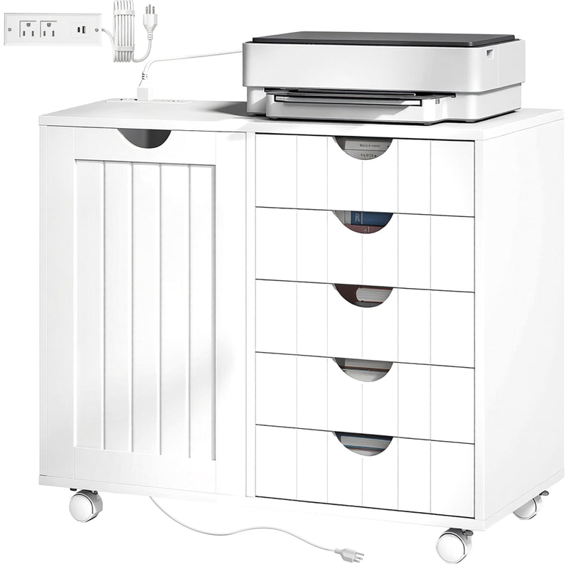Mobile Lateral Filing Cabinet with 5 Drawers, Printer Stand with Power Outlets and USB Ports for Home Office, White