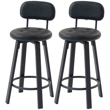 Bar Stools Set of 2, Upholstered Breakfast Bar Chairs with Footrest and Backrest for Kitchen Counter, Black