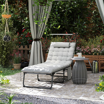 Folding Lounge Chair with Adjustable Canopy, 4-Position Outdoor Tanning Chair with Headrest, Light Grey