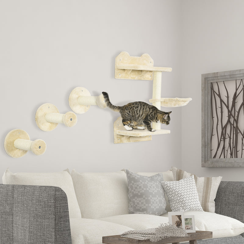 4Pcs Cat Wall Shelf with Scratching Posts, Hammock, Steps, Platforms, Cat Shelves for Relaxing, Sleeping, Jumping, Cat Wall Climber for Indoor Cats, Beige