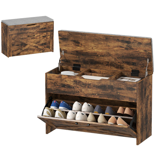 Shoe Storage Bench with Flip Drawer and Lift Top Storage, Entryway Bench with Seat Cushion for Hallway, Rustic Brown
