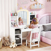 Qaba Kids Vanity Table and Chair Set, Toddler Dressing Table and Chair Set with Lighted Mirror and Storage Space for Little Girls, White