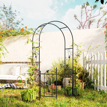 7ft Steel Garden Arch with Gate, Garden Arbor Trellis for Climbing Plants, Roses, Vines, Wedding Arch for Outdoor, Garden, Lawn, Backyard, Black