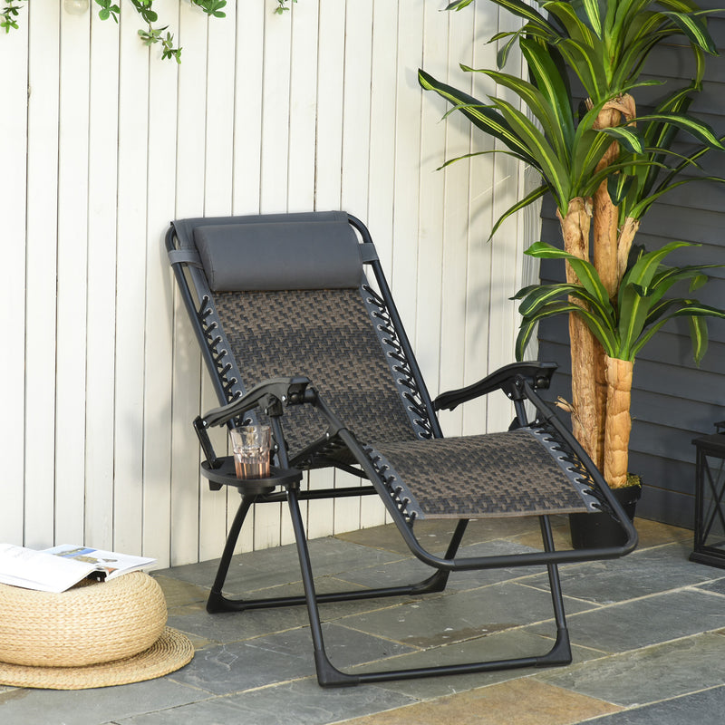 Wicker Folding Lounge Chair with Adjustable Backrest, Rattan Recliner Chair with Headrest & Side Table Tray, Grey