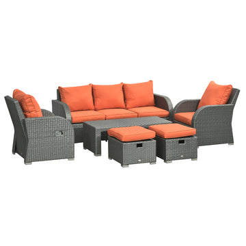 6 Pieces Patio Furniture with Cushions, PE Wicker Sectional Furniture Conversation Set with a 3-Seat Sofa, 2 Recliner Chairs, 2 Footstools, Table, Orange