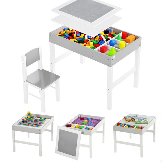 Table with Storage for Kids, Multi-Usage Kids Table and Chair Set with Building Blocks Desktop, Grey