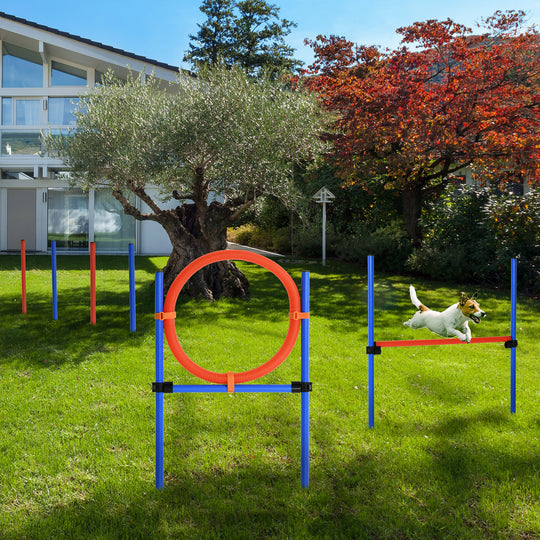 Dog Pet Agility Training Kit High Jump Weave Pole Ring Obedience Training Set Adjustable Equipment Portable