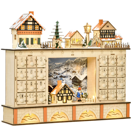 Christmas Advent Calendar, 2022 Light Up Table Xmas Wooden Store Holiday Decoration with Countdown Drawer, Village, for kids Adults, Natural Wood Color