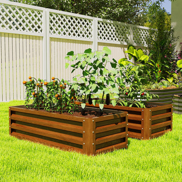 Galvanized Raised Garden Beds, Outdoor Planter Box, Set of 2, for Flowers, Herbs and Vegetables, Brown Wood Effect