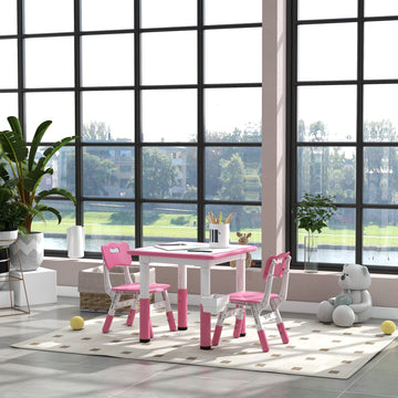 Qaba 3 Pieces Toddler Table and Chair Set, Height Adjustable Kids Table and Chair Set w/ Storage, for Playroom Pink