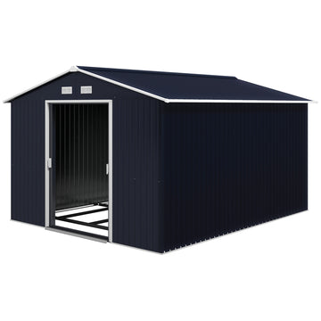 11' x 9' Metal Storage Shed Garden Tool House with Double Sliding Doors, 4 Air Vents for Backyard, Patio, Lawn Dark