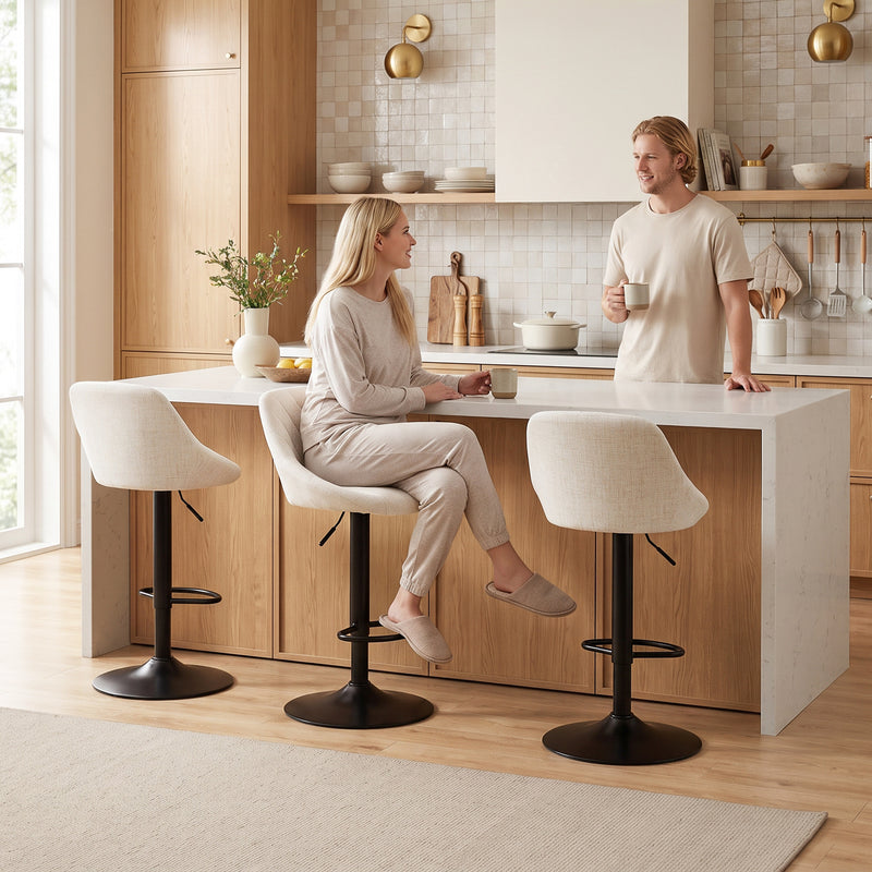 Bar Stools Set of 3, Swivel Counter Height Bar Stools with Back, Adjustable Linen-Look Bar Chairs, Off-White