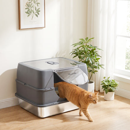 Stainless Steel Cat Litter Box with Lid, High Sided Enclosed Litter Box with Removable Lid, Tray, Scoop
