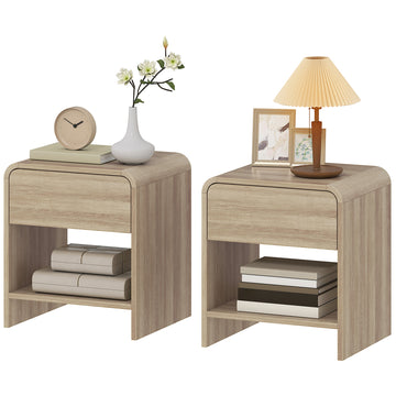 Nightstand Set of 2, Modern Bedside Table with Rounded Corners, Nightstand with Drawer and Open Shelf, Distressed White