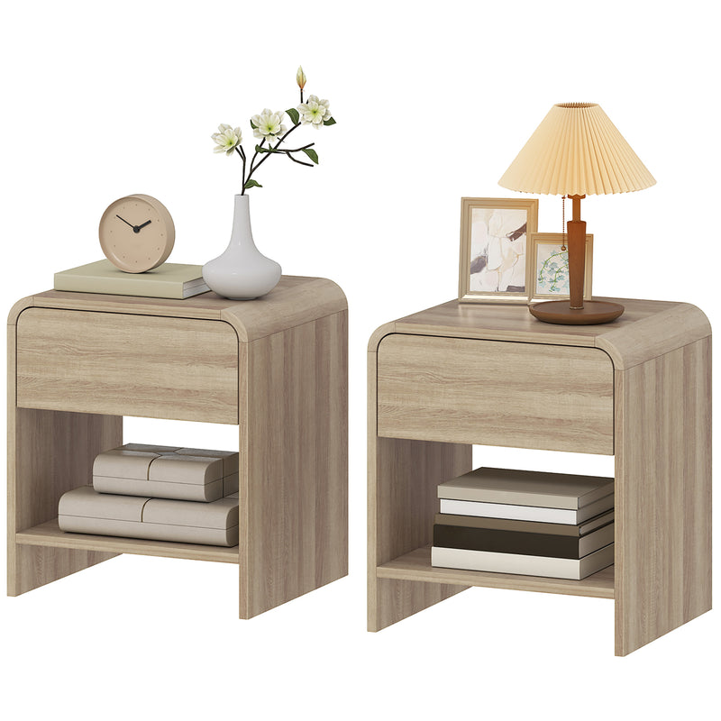 Nightstand Set of 2, Modern Bedside Table with Rounded Corners, Nightstand with Drawer and Open Shelf, Distressed White