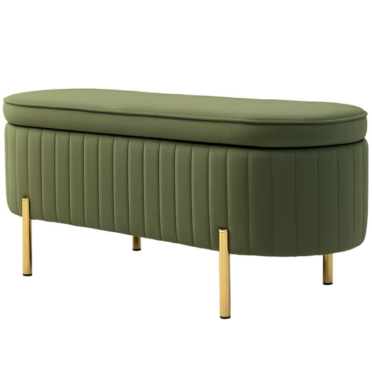 Upholstered Bedroom Bench, Channel Tufted Ottoman Bench with Thick Padding and Metal Legs, Dark Green