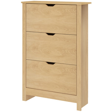 Shoe Storage Cabinet with 3 Flip Drawers and Adjustable Shelves for 18 Pairs of Shoes, Natural Wood