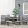 9 Pieces Wicker Patio Dining Set Outdoor Furniture Set with Removable Cushions, Glass Top Dining Table, Ottomans, PE Rattan Conversation Set for Garden Poolside, Grey