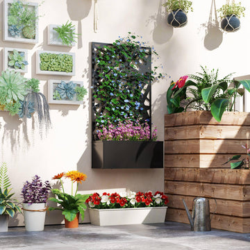 Raised Garden Bed with Trellis, Freestanding/Wall Mounted Metal Garden Box with Privacy Panel, Irregular Line Cut-Outs