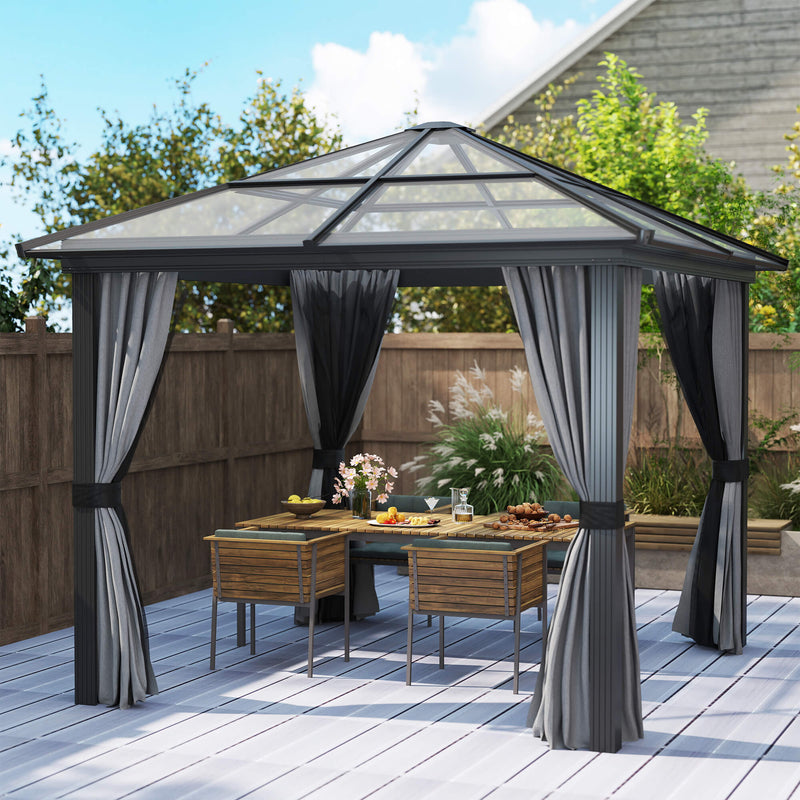10' x 12' Hardtop Gazebo Canopy with Polycarbonate Roof, Aluminum Frame, Netting, Curtains and Ceiling Hook