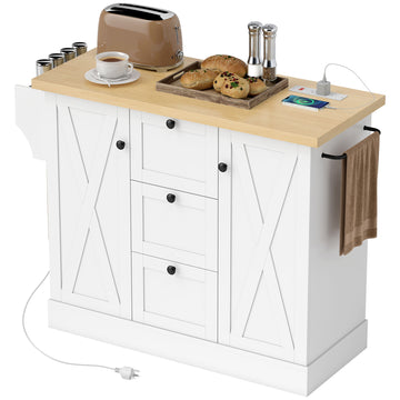 Farmhouse Kitchen Island Cart with Power Outlet and Soft-Close Doors, 49