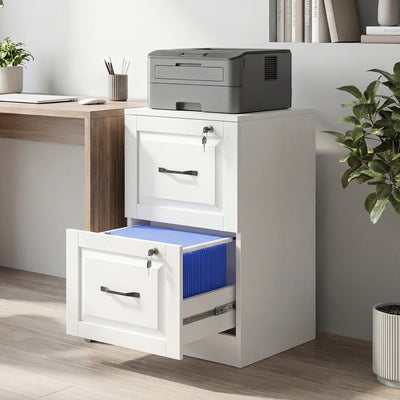 2 Drawer File Cabinet with Lock, Vertical Filing Cabinet with Adjustable Hanging Bars for A4 and Letter Size, White