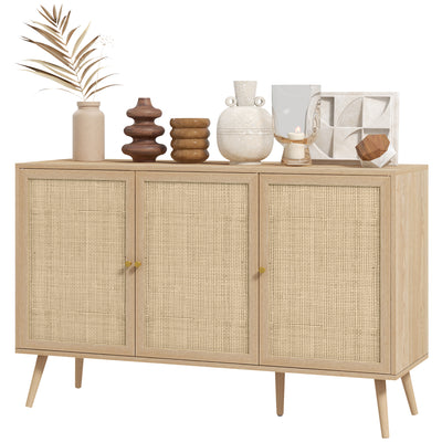 Kitchen Sideboard Cabinet, Boho Storage Cabinet with Shelves, Wood Legs, Decorative Rattan Doors, Black