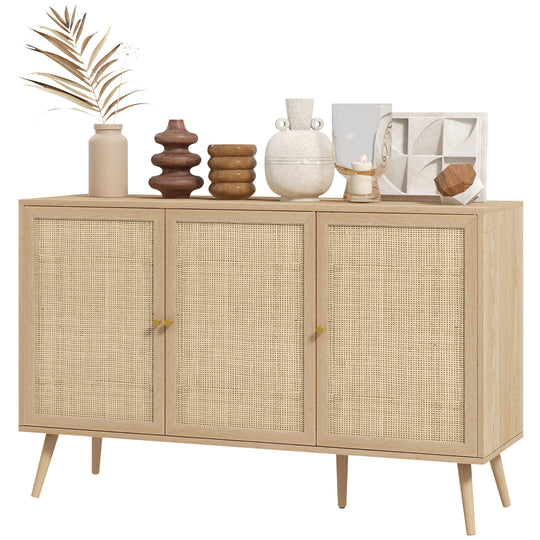 Kitchen Sideboard Cabinet, Boho Storage Cabinet with Shelves, Wood Legs, Decorative Rattan Doors, Black