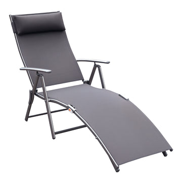 Heavy-duty Adjustable Folding Reclining Chair Outdoor Sun Lounger Patio Chaise Lounge Garden Beach Gravity Lounge with Pillow, 7 Adjustable Backrest Positions, Grey