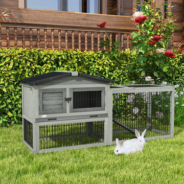 Wood Rabbit Hutch w/ Ramp, Openable Roof, Pull-out Tray, Light Grey