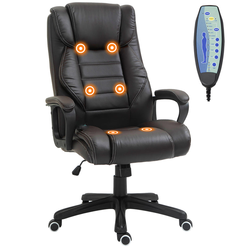 Chaise de bureau de massage, Fauteuil de direction à dossier haut avec vibration à 6 points, minuterie, hauteur réglable, siège pivotant et fonction berçante, Noir