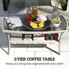 Outdoor Coffee Table with Storage Shelf, PE Wicker Patio Table with Glass Top for Garden, Backyard, Dark Grey