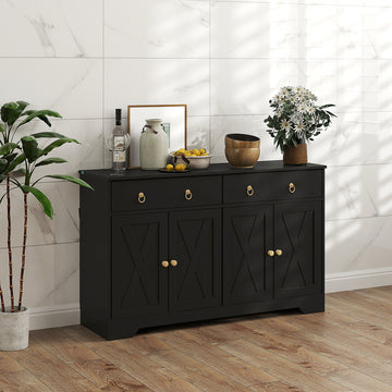 Buffet de cuisine avec 2 tiroirs, 4 portes de grange et 2 étagères réglables, table de buffet pour salon, noir