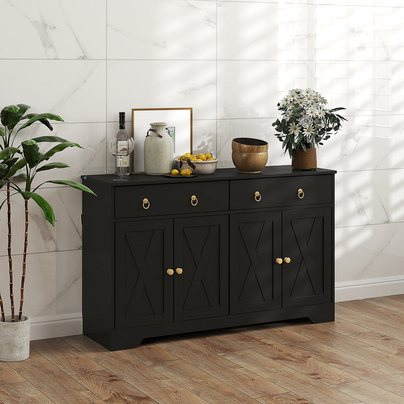 Kitchen Sideboard Cabinet with 2 Drawers, 4 Barn Doors and 2 Adjustable Shelves, Buffet Table for Living Room, Black