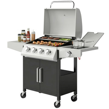 4+1 Burner Liquid Propane Gas Grill Outdoor Cabinet Style BBQ Trolley w/ Side Burner, Warming Rack, Side Shelf, Storage Cabinet, Thermometer, 4 Wheels, Carbon Steel, Silver
