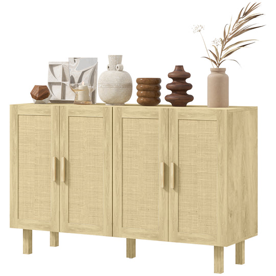 Boho Sideboard Buffet Cabinet, Storage Cabinet with 4 Rattan Doors and Adjustable Shelves, Natural