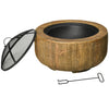 Outdoor Fire Pit, 24 Inch Metal Wood Burning Fireplace with Spark Cover, Poker, Woodgrain Design, Light Brown