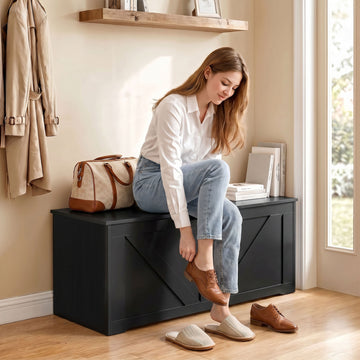 31.5 Inches Storage Chest, Storage Trunk with Safety Hinge for Living Room, Black Wood Grain