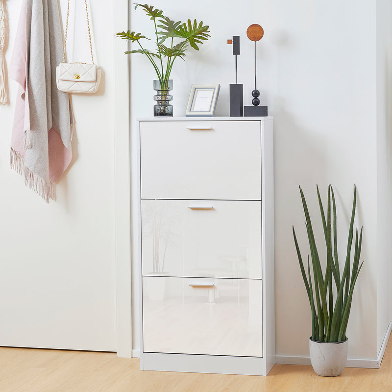 Slim Shoe Storage with 3 Flip Drawers and Adjustable Shelves Shoe Cabinet Organizer for 15 Pair, High Gloss White