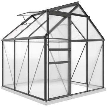6' x 12' x 6.5' Walk-in Greenhouse, Polycarbonate Greenhouse with Adjustable Roof Vent, Base, Sliding Door, Grey