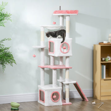65 Inch Cat Tree with 2 Doors Condos, Plush Top Perch, Hammock, Sisal Scratching Posts, 4 Pompoms, Ramp, White