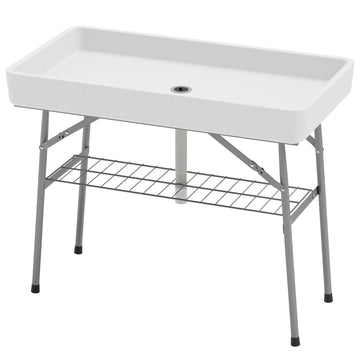 3.4ft Folding Ice Cooler Table with Drain, Outdoor Patio Party Cooler for Drinks, Fishing Cleaning Table with Storage Shelf for Picnic BBQ Camping Wedding, White