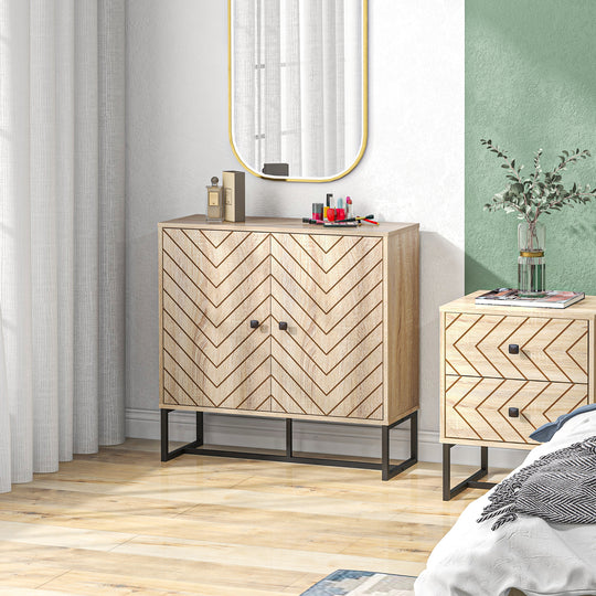 Modern Sideboard, Buffet Cabinet with 2 Chevron Doors and Adjustable Shelf, Kitchen Storage Cabinet with Steel Base, Coffee Bar Cabinet, 31.5