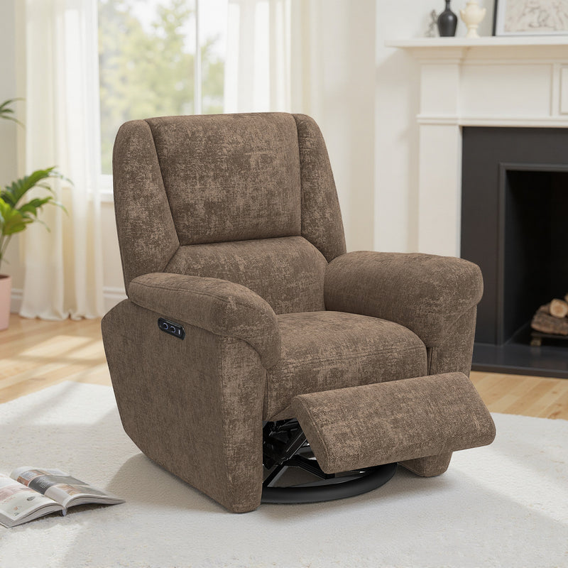 Power Recliner Chair, Fabric Upholstered Recliner Chair with USB Ports, Swivel and Rocking Function, Footrest, Espresso