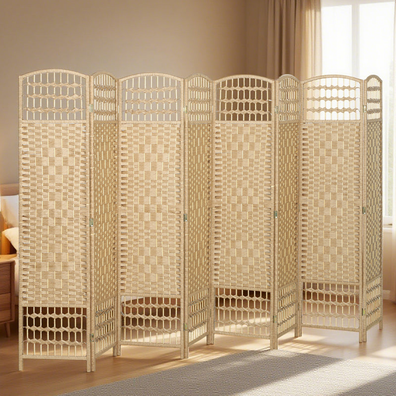 4 Panel Folding Room Divider, Portable Privacy Screen, Wave Fiber Room Partition for Home Office, White, Natural Wood
