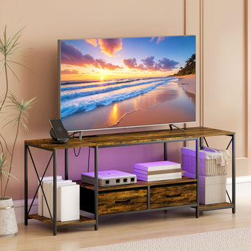 Industrial TV Stand for up to 55 Inch TV, TV Console with Charging Station and RGB LED Lights, Rustic Brown