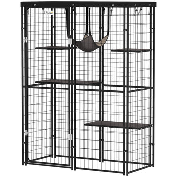 Metal Cat Cage with Waterproof Cover, 4 Platforms, Hammock, Washable Cushions for 1-3 Kittens, 46.5
