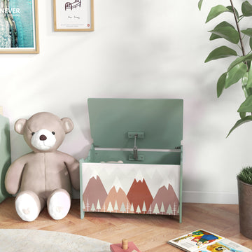 Qaba Toy Box, Kids Storage Chest with Lid, Safety Hinges and Groove Handles, Toy Storage Organizer with Mountain Pattern for Boys, Girls, Green
